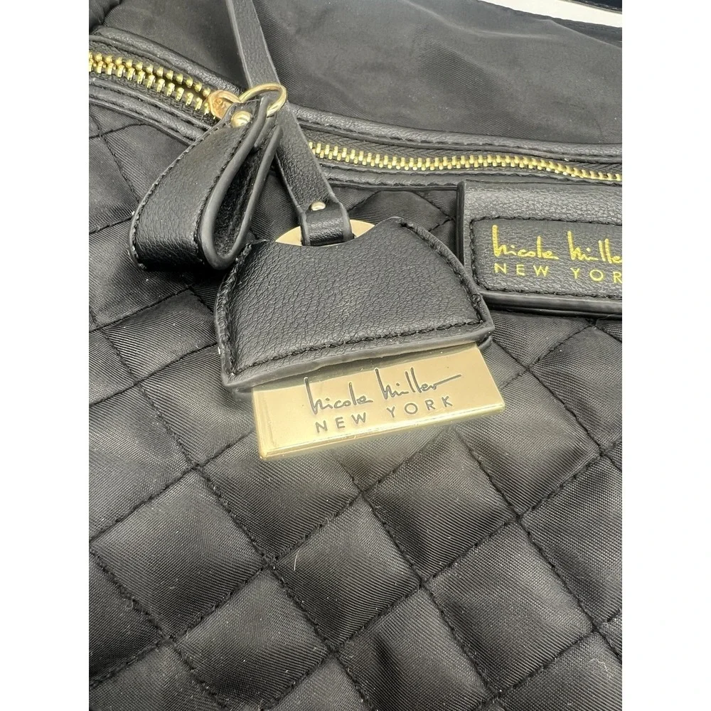 Nicole Miller New York Black Quilted Nylon Shoulder Bag Hobo Leopard Lining